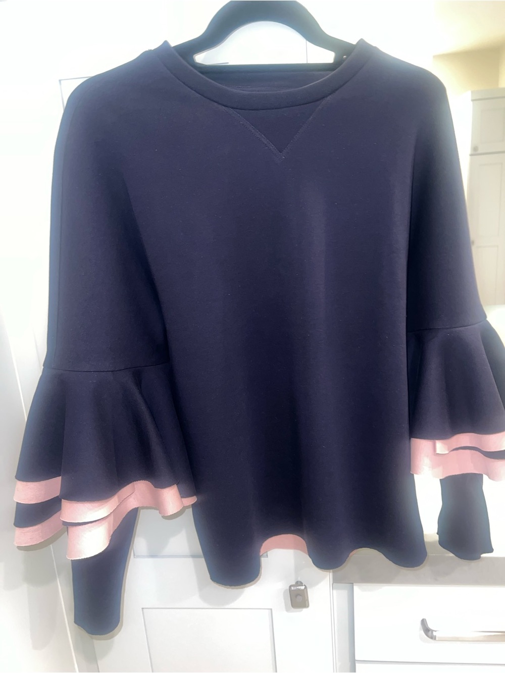 TED BAKER- Navy long sleeve shirt with pink ruffles-LIKE NEW